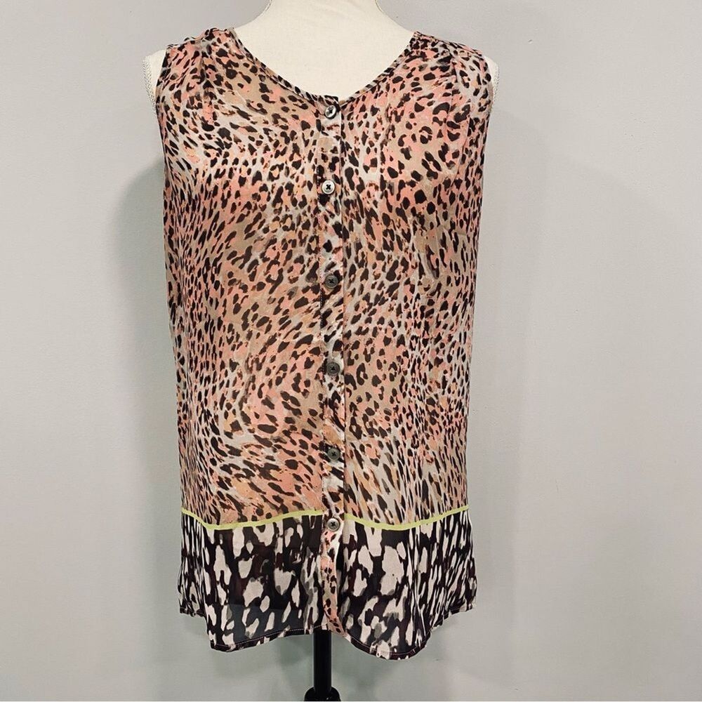 CABI XS VTG Y2K Pink Brown Sheer Tunic Tank Top Animal Print Bohemian Summer
